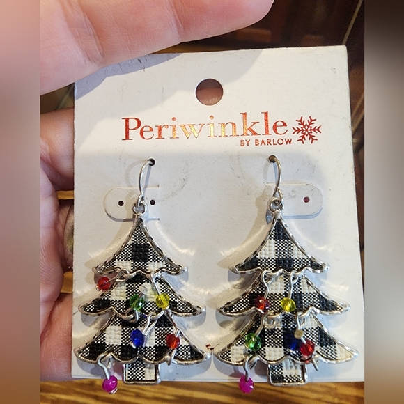 Periwinkle by Barlow Jewelry - Periwinkle by Barlow Black and White Plaid Christmas Tree Holiday Earrings Hook